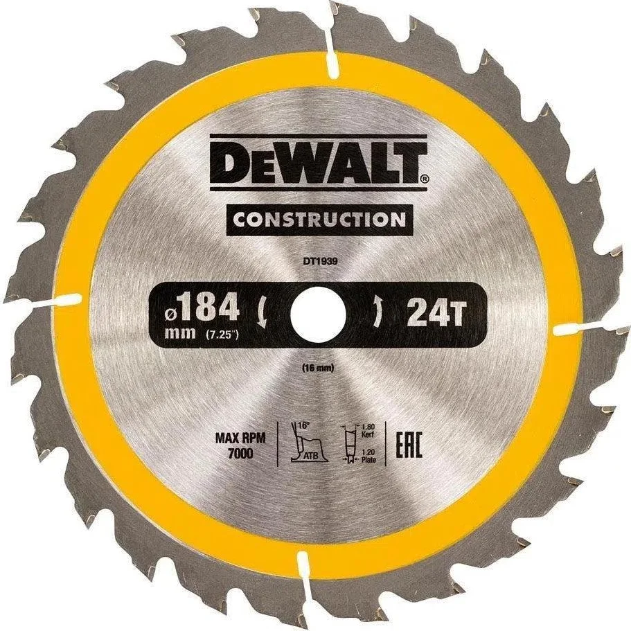 DeWALT Cirkelzaagblad voor Hout | Construction | Ø 184mm Asgat 16mm 24T - DT1939-QZ
