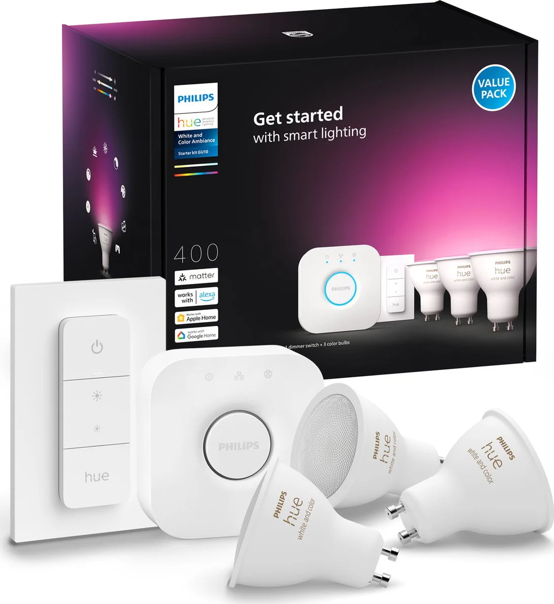 Philips Hue White and Color GU10 Starter Pack - 3 lampen + Bridge + Dimmer