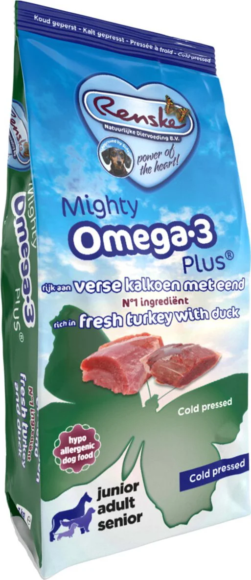 4x Renske Mighty Omega-3 Plus Geperst Hondenvoer Kalkoen - Eend 3 kg