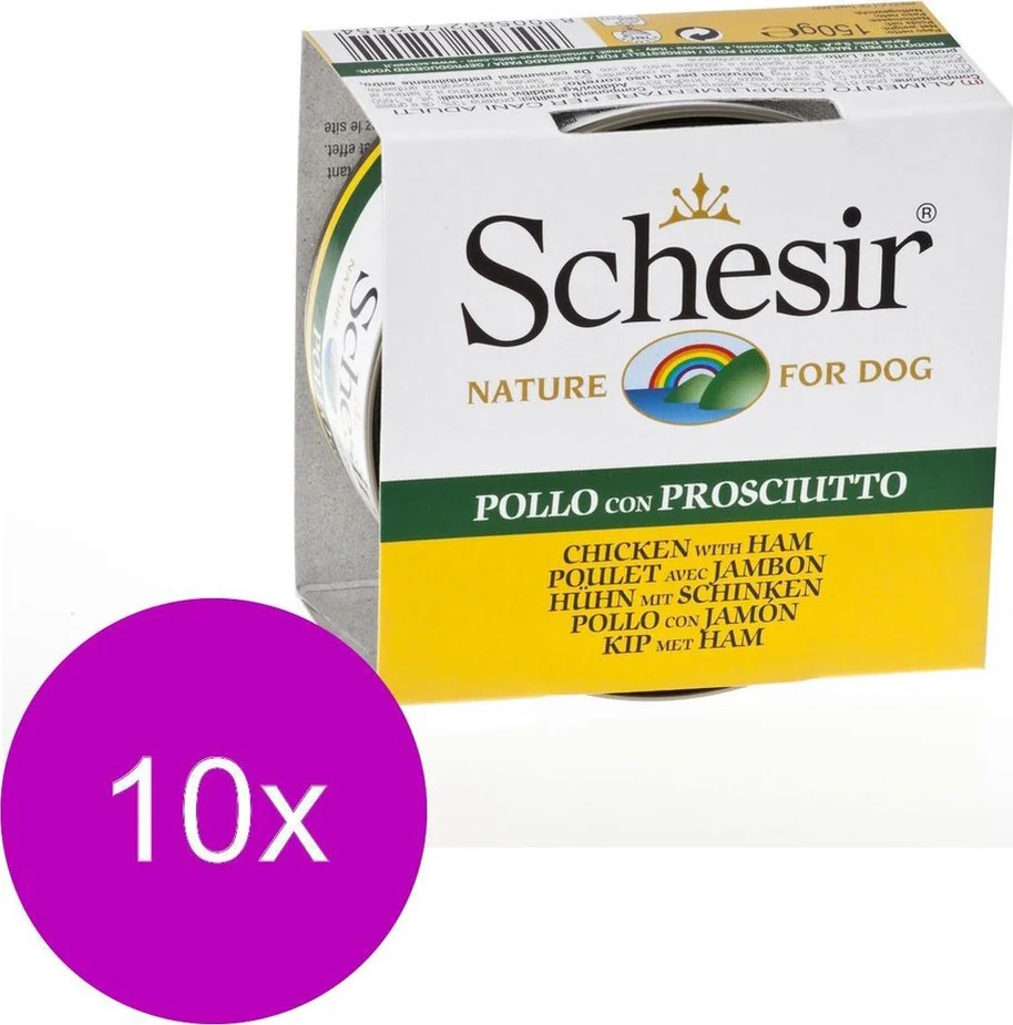10x Schesir Hondenvoer Nat Blik Jelly Kipfilet en Ham 150 gr