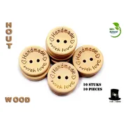 Bob Online ™ - 10 Stuks – 2.5 cm - Handmade with Love Ronde Houten Knopen met 2 Gaatjes – Houten Knoop – Voor Naaien – Hobby – DIY ‘Handmade with Love’ Wooden Buttons for Sewing & DIY Craft Projects