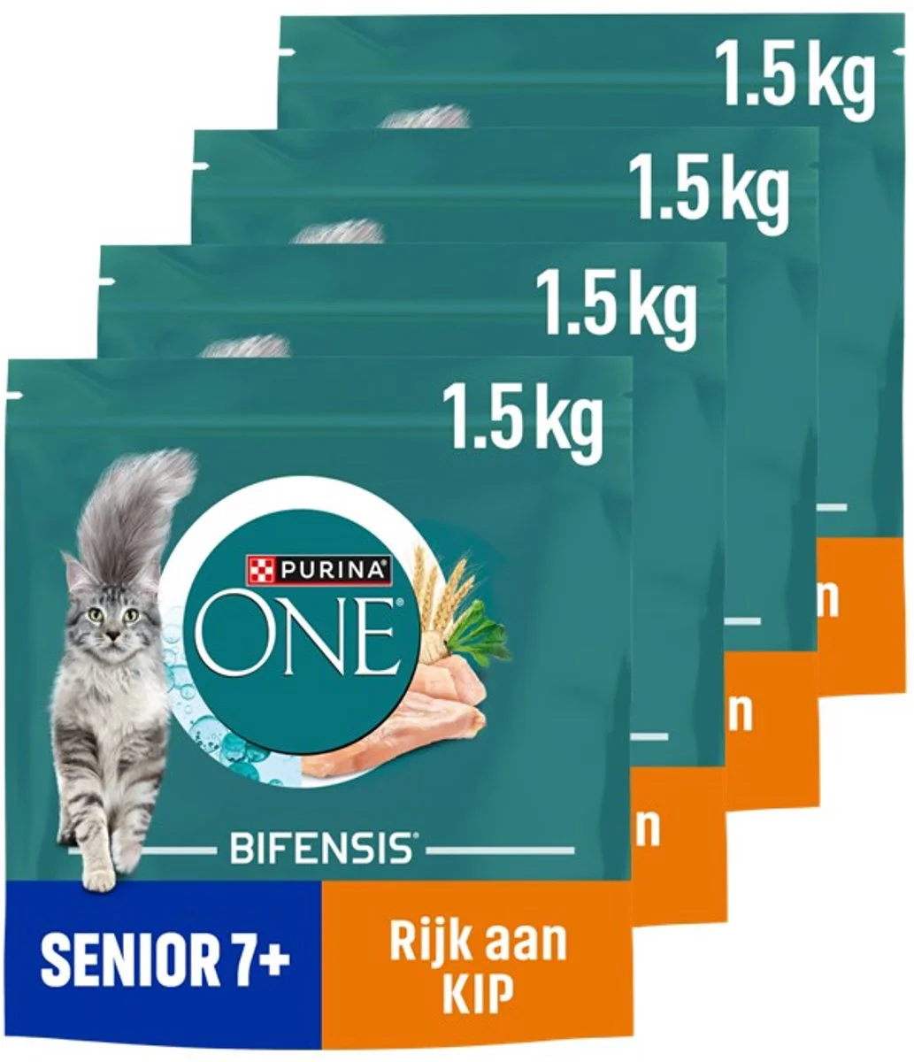 4x Purina ONE Kattenvoer Droog Senior Kip - Volkoren Granen 1,5 kg