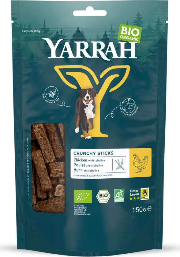 8x Yarrah Hond Bio Oven-Dried Chicken Crunchy Sticks 150 gr
