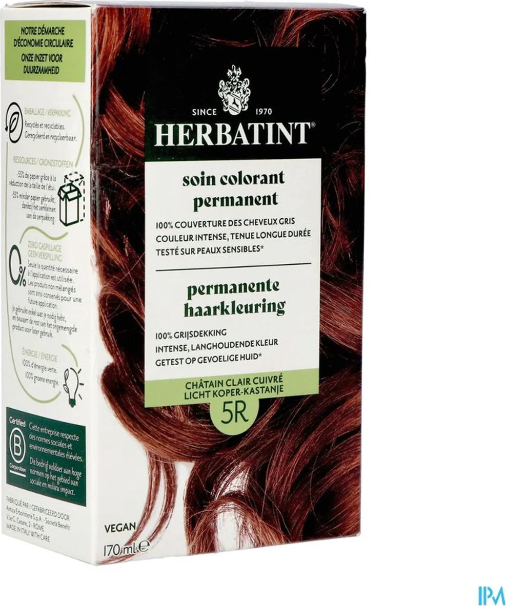 Herbatint Permanente Haarkleuring Licht Koper-Kastanje 5R 170ML