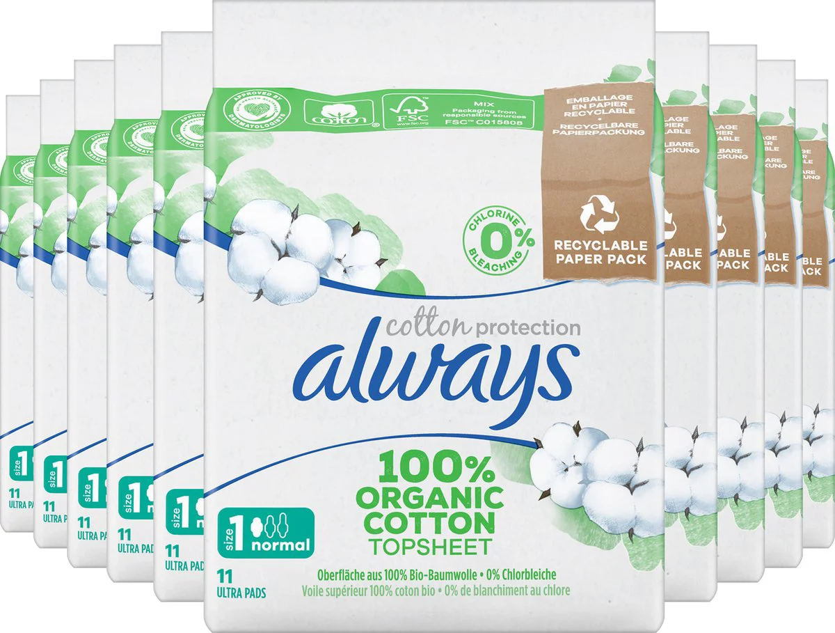 10x Always Maandverband Bio Cotton Protection Ultra Normal met Vleugels 11 stuks