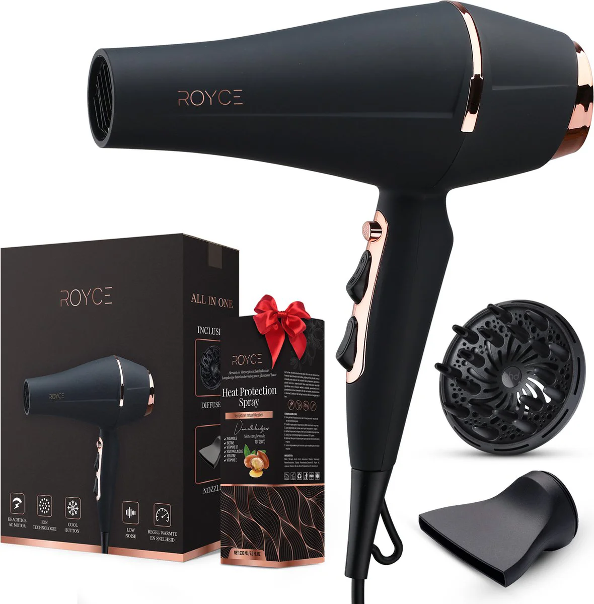 Royce Styling Ionen Föhn met Diffuser – voor Krullen & Stijl haar - Haardroger – Ionische Haarfohn met Heat Protection Spray - Fohnborstel