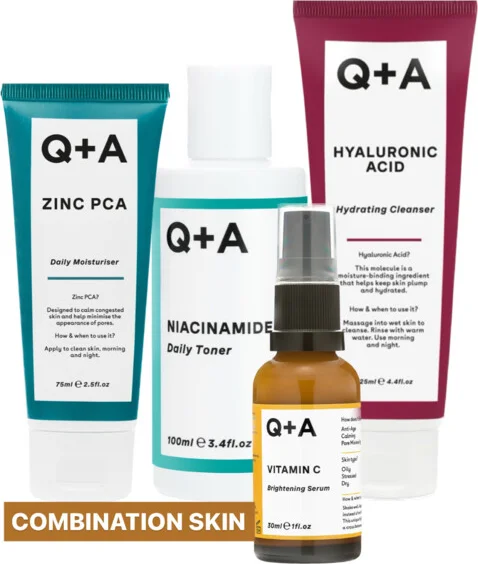 Q+A Combination Skin - Reinigingsgel 1x 125 ml & Toner 1x 100 ml & Gezichtsserum 1x 30 ml & Moisturiser 1x 75 ml - Pakket