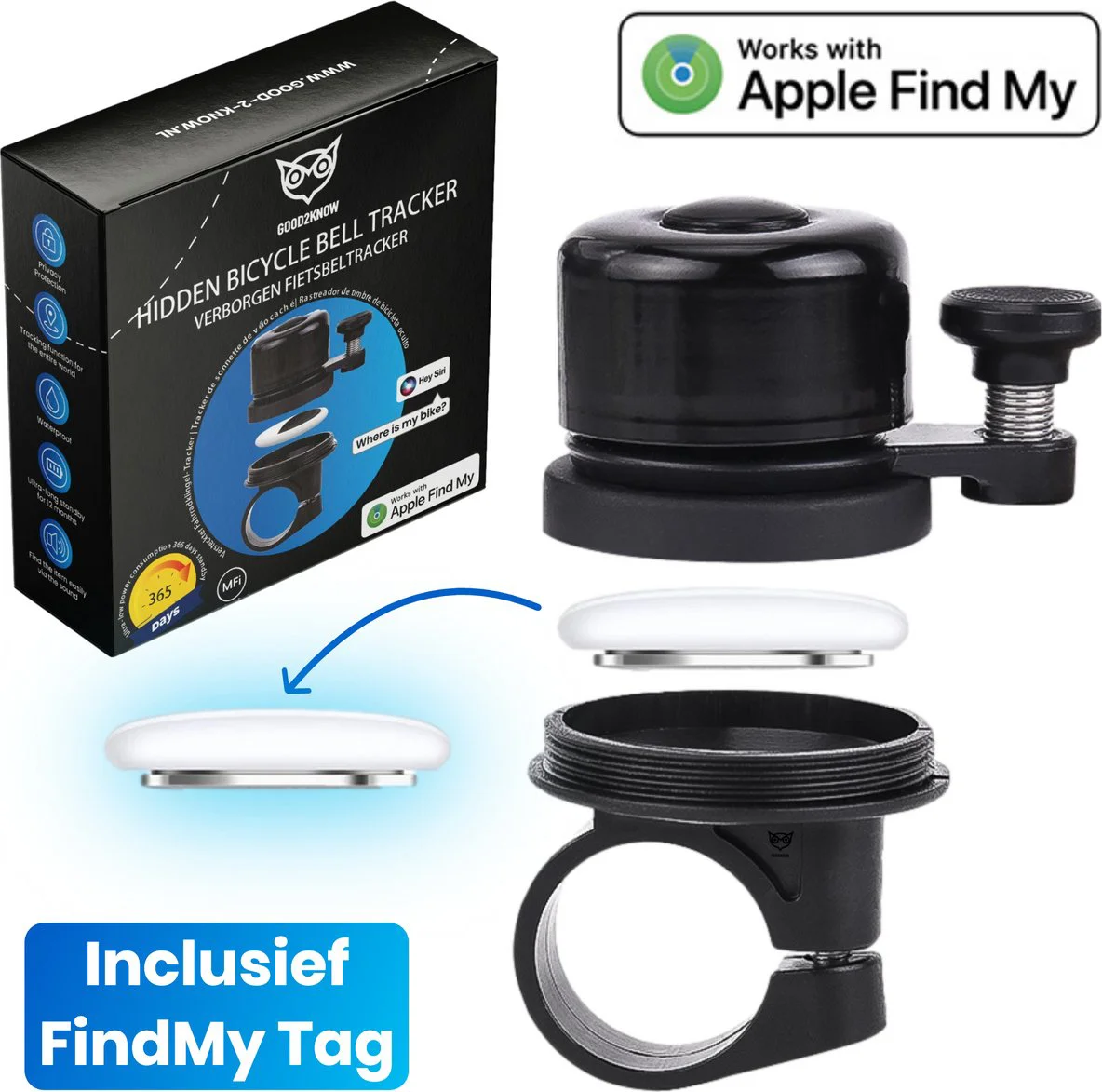 Good2know Fietsbel Tracker met Findmy Tracker – Tag houder – Gps tracker fiets - Fiets Tracker - Fiets gps inclusief FindMy tag – Fiets accessoires – Fietsbel Racefiets – Verborgen als fietsbel
