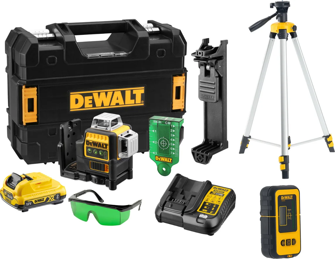 DeWALT DCE089D1GTRID Zelfnivellerende accu kruislijnlaser 3x 360˚ groen + Statief DE0881T + Detector DE0892G 12V XR 2.0Ah in TSTAK