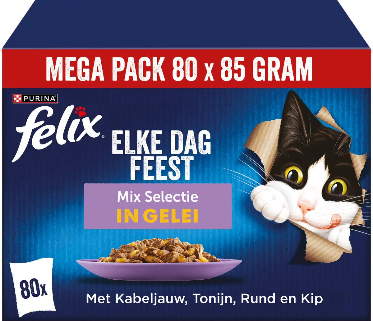 Felix Kattenvoer Nat Pouch Gelei Mix Elke Dag Feest Multipack 80 x 85 gr