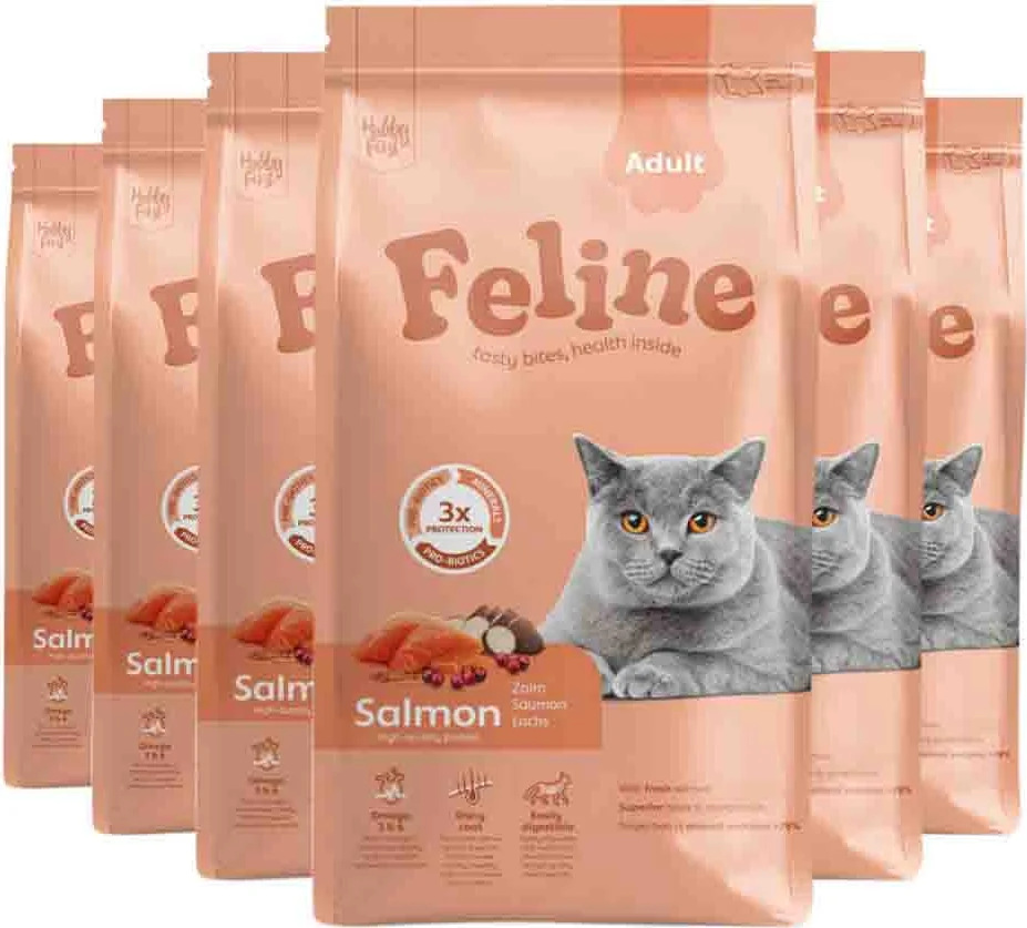 6x HobbyFirst Feline Kattenvoer Droog Adult Zalm 1,5 kg