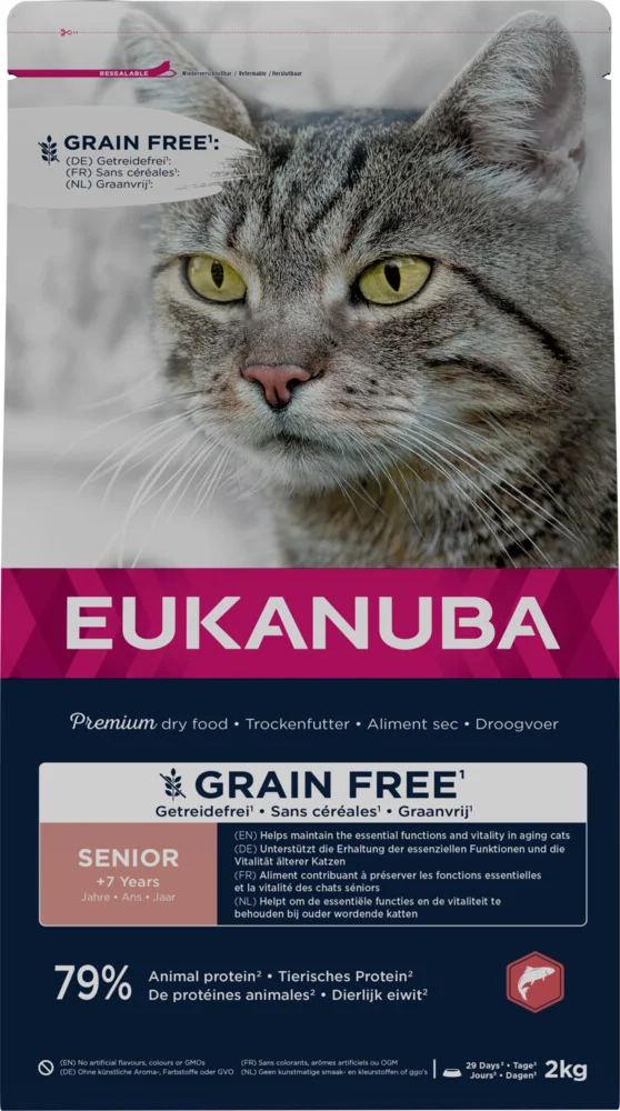 4x Eukanuba Kattenvoer Droog Senior Graanvrij Zalm 2 kg