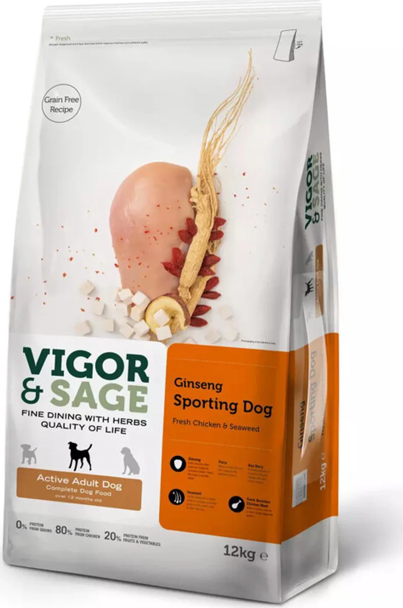 Vigor & Sage Hondenvoer Sport en Actief Ginseng 12 kg
