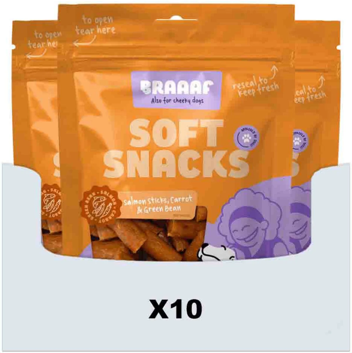 10x Braaaf Hondensnack Sticks Wortel - Sperzieboon - Zalm 85 gr