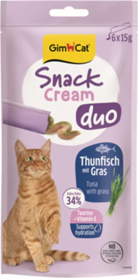 8x GimCat Kattensnack Cream Duo Tonijn & Gras 6 x 15 gr