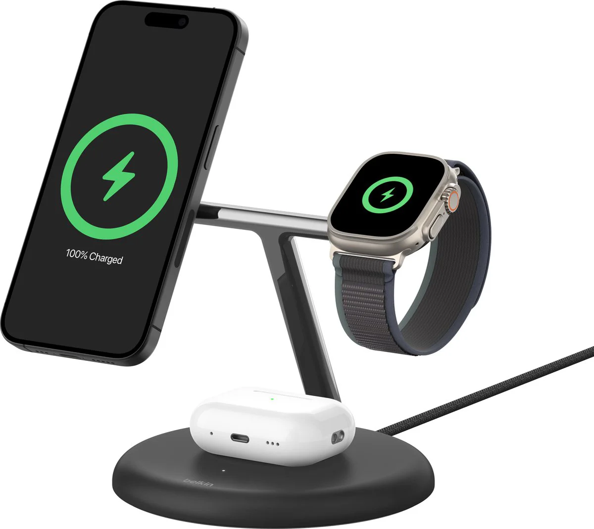 Belkin Boost Charge Pro MagSafe en Qi2 3-in-1 Draadloze Oplader 15W met Standaard Zwart