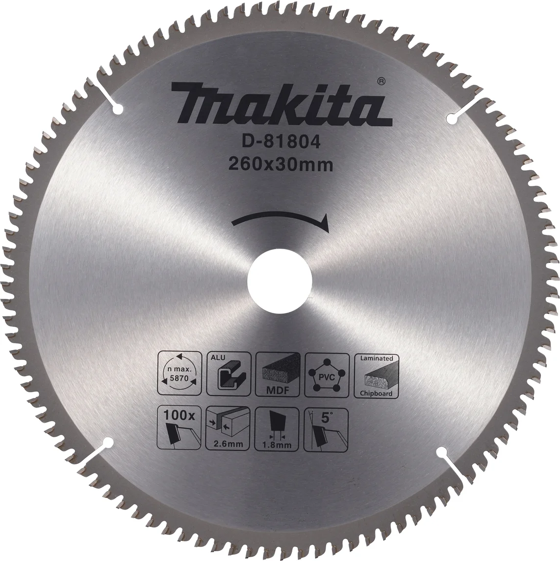 Makita D-81804 Afkortzaagblad diverse materialen | 260 x 30 mm | 100-tands