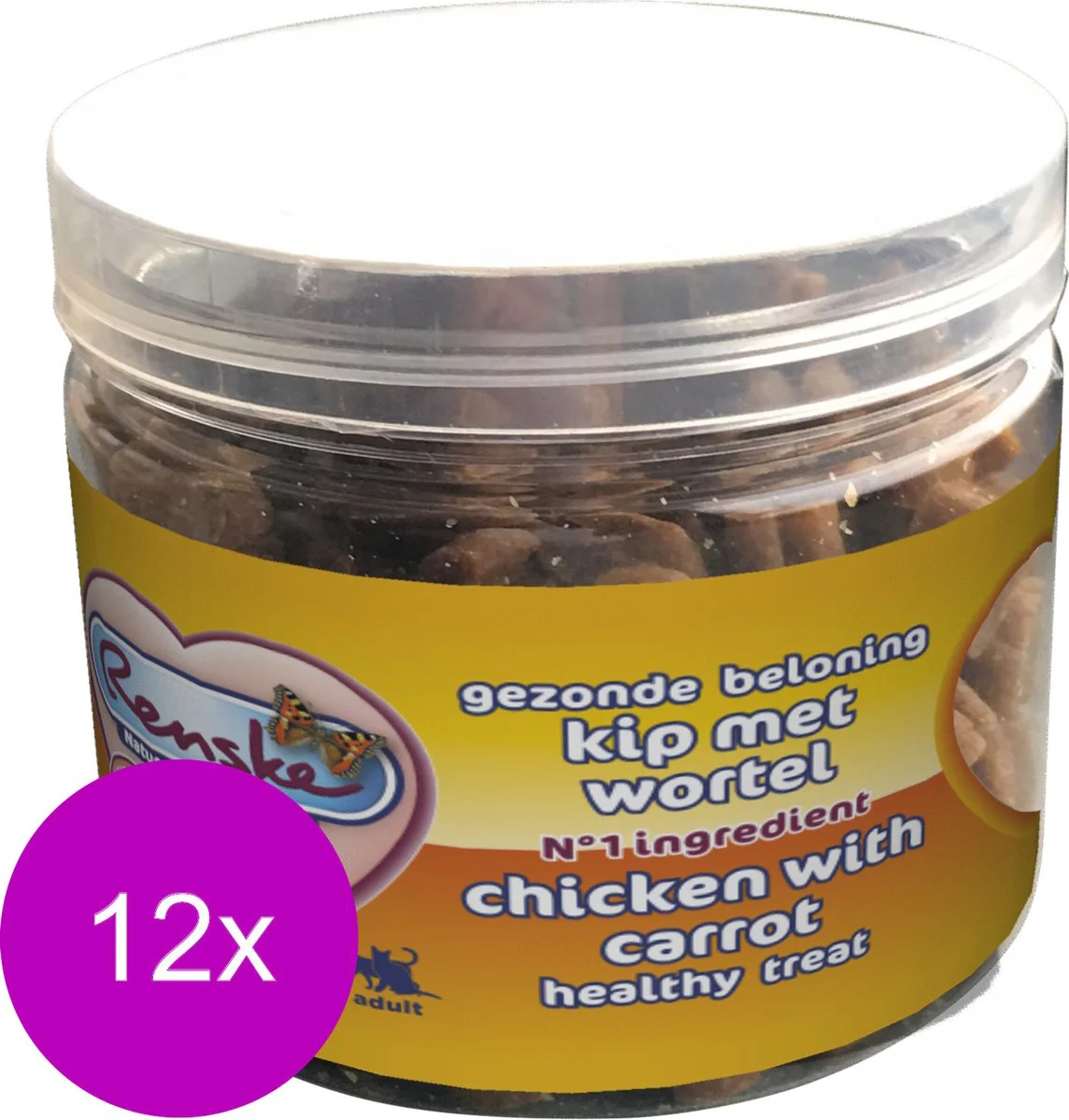 12x Renske Kattensnack Gezonde Beloning Hartjes Kip & Wortel 100 gr