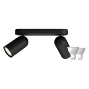 Philips Pongee opbouwspot - 2 spots - zwart + Philips Hue White Ambiance GU10 (2x)