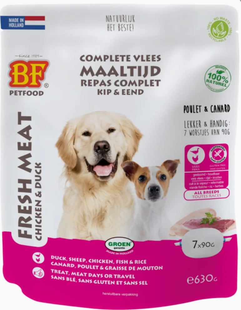 8x BF Petfood Vleesvoeding Eend - Kip 7 x 90 gr