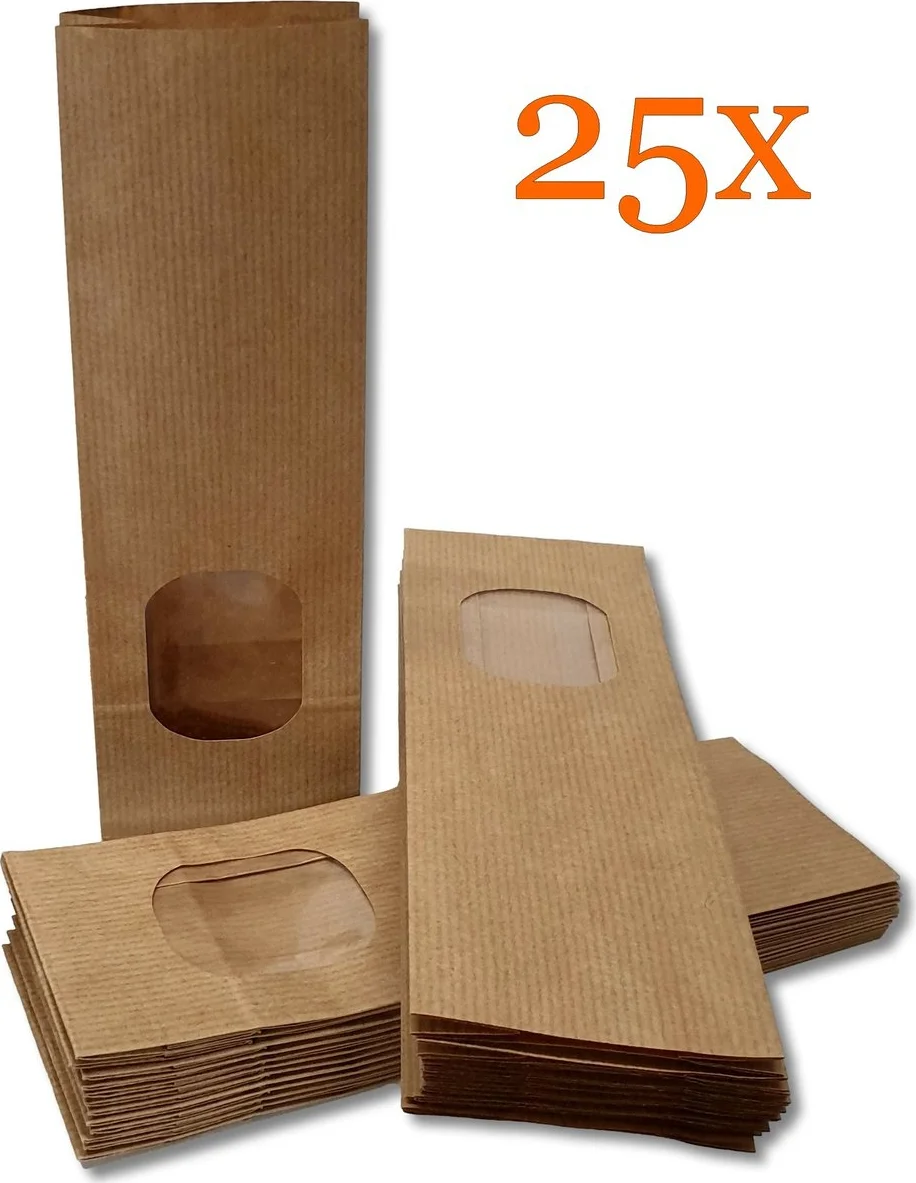 Prigta - 25x Papieren zakjes met venster / blokbodemzakjes papier- 7x4x20 cm - uitdeelzakjes / verpakkingszakjes