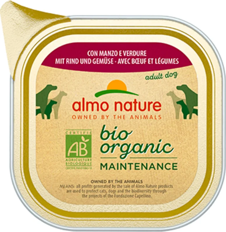 64x Almo Nature Bio Organic Maintenance Hondenvoer Nat Rund & Groenten 100 gr