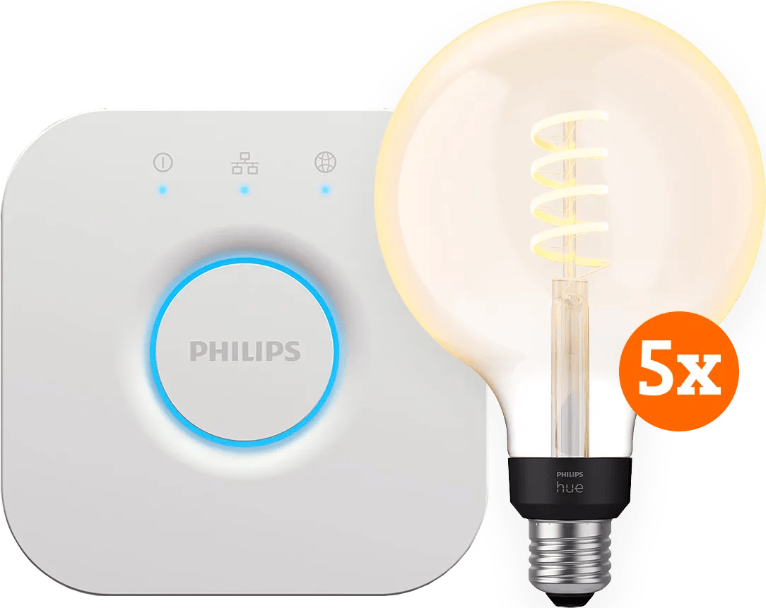 Philips Hue Filament White Ambiance Globe XL 5-Pack + Bridge