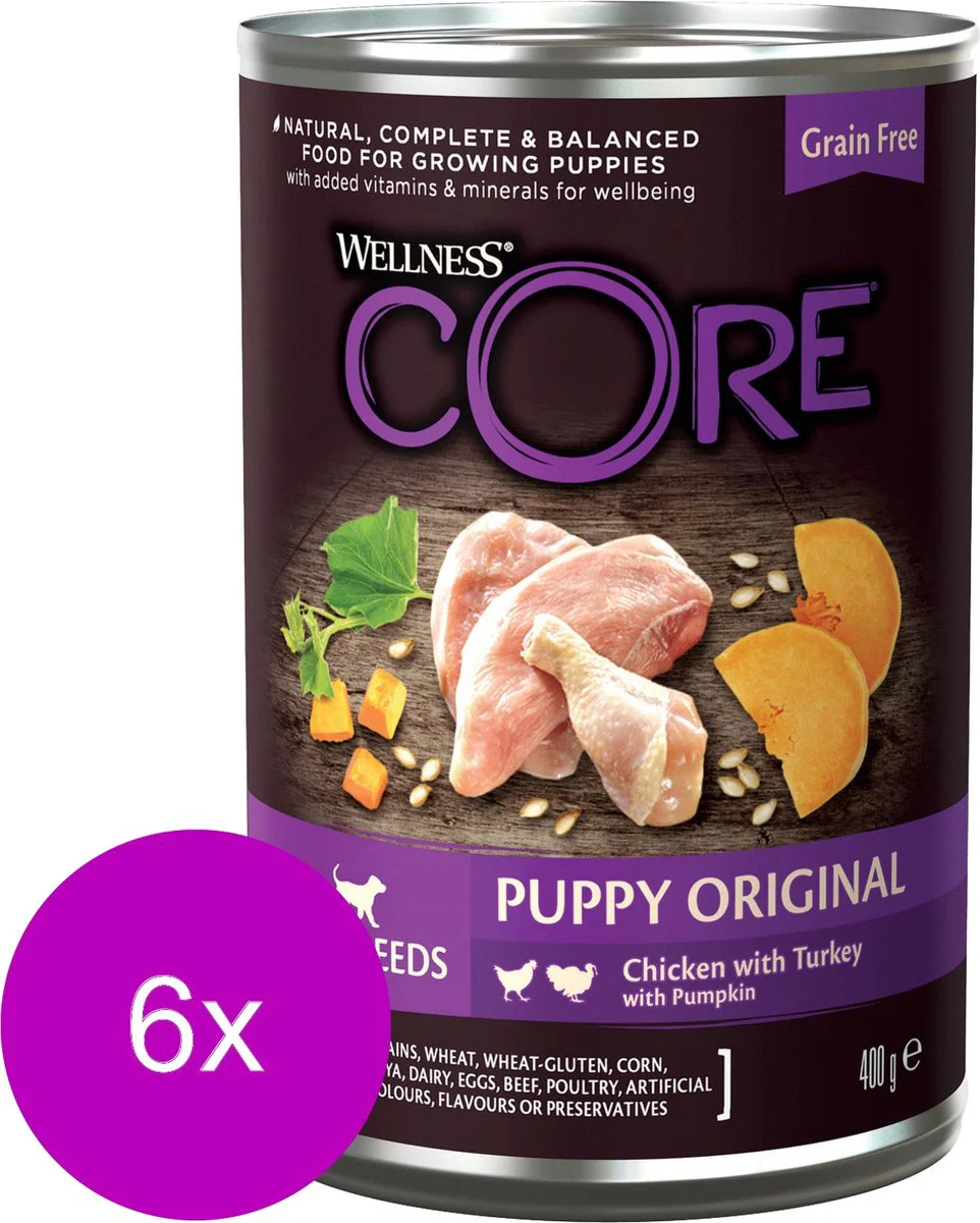 6x Wellness Core Hondenvoer Blik Puppy Kip - Kalkoen - Pompoen 400 gr