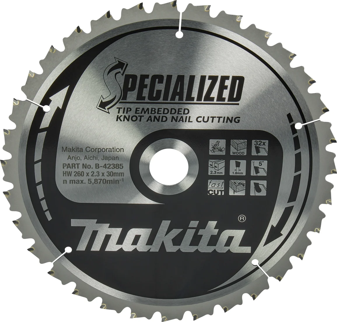 Makita B-42385 Afkortzaagblad Hout (noest/spijker) | Embedded Tip | 260 x 2,3 x 30 mm | 32-tands