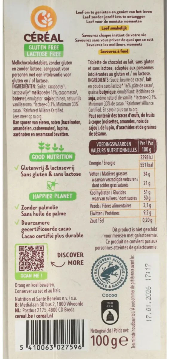 Cereal Glutenvrij & Lactosevrij Chocolade Tablet Melk