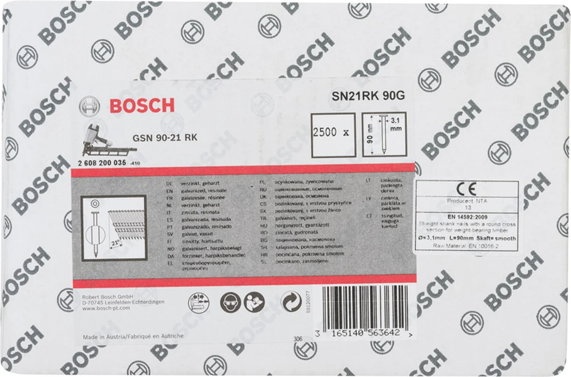Bosch Professional PRO SN21FH Full-head nagel 90 mm | 21° | Glad | Gegalvaniseerd | 3,1 x 7,0 | 2500 stuks - 2608200035
