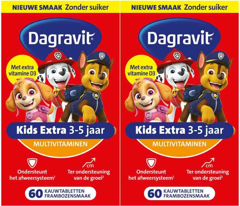 2x Dagravit Multivitamine Kids Extra 3-5 Jaar Paw Patrol 60 Kauwtabletten