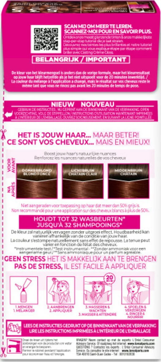 2x L'Oréal Casting Crème Gloss Semi-Permanente Haarkleuring 535 Licht Goud Mahoniebruin