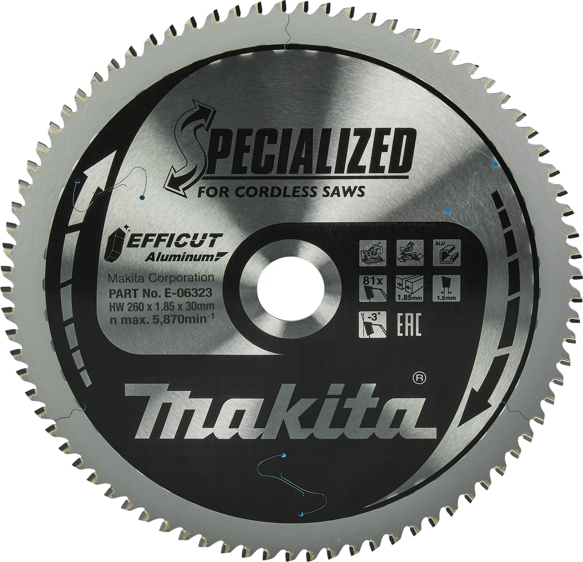 Makita E-06323 Afkortzaagblad Aluminium | Efficut | 260 x 1,85 x 30 mm | 81-tands
