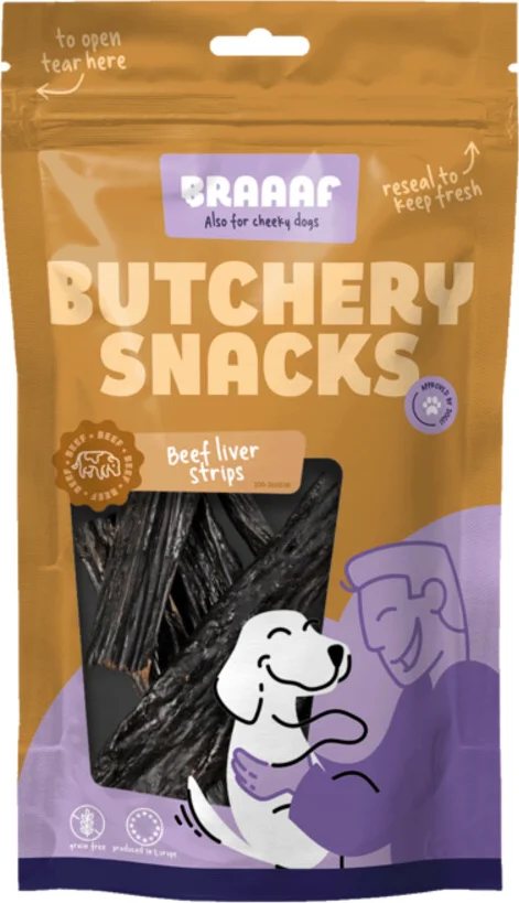 Braaaf Hondensnack Butchery Beef Liver Strips 150 gr