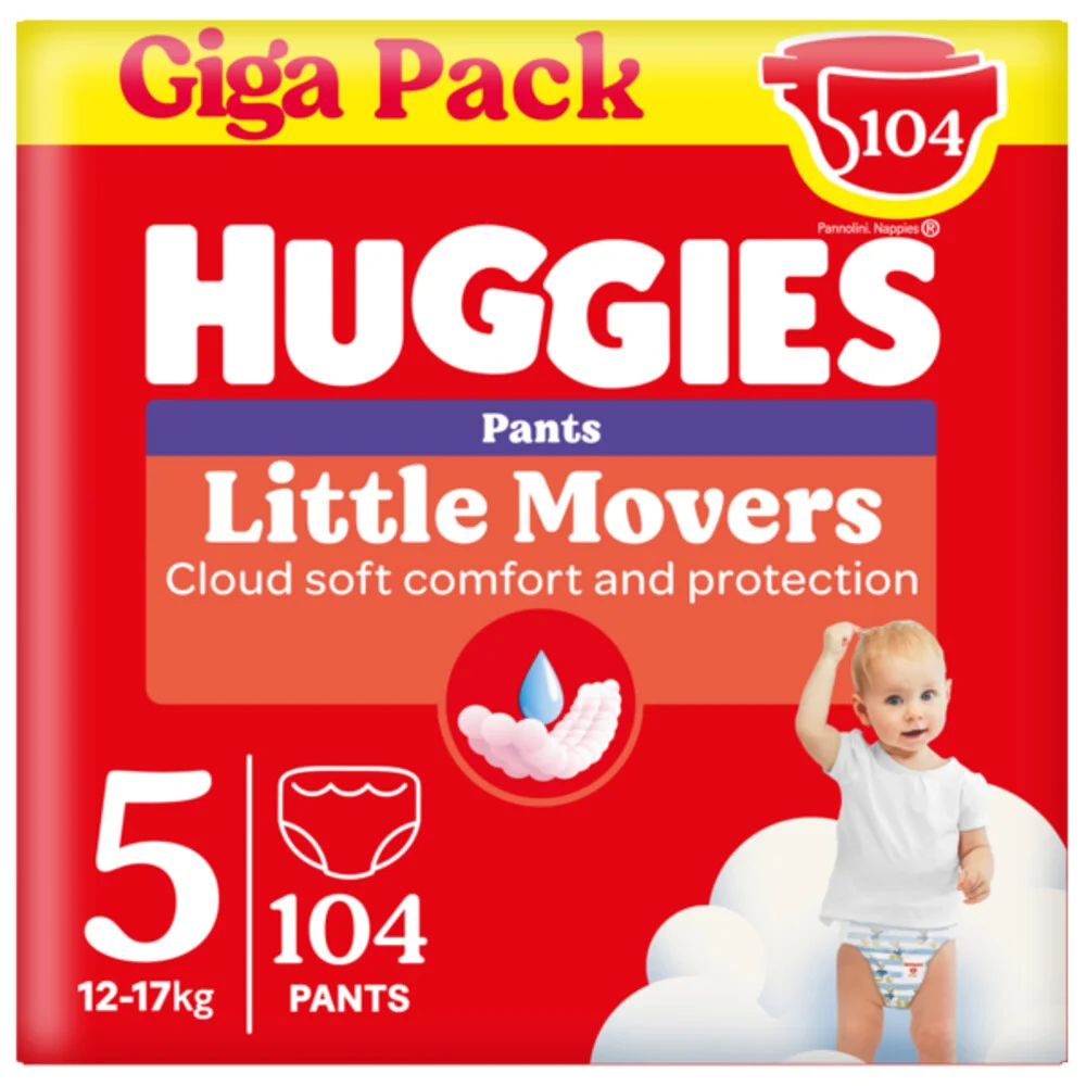 Huggies® Little Movers baby luierbroekjes, Maat 5 (12 tot 17 kg), 104 luierbroekjes met Disney© designs, Giga pack