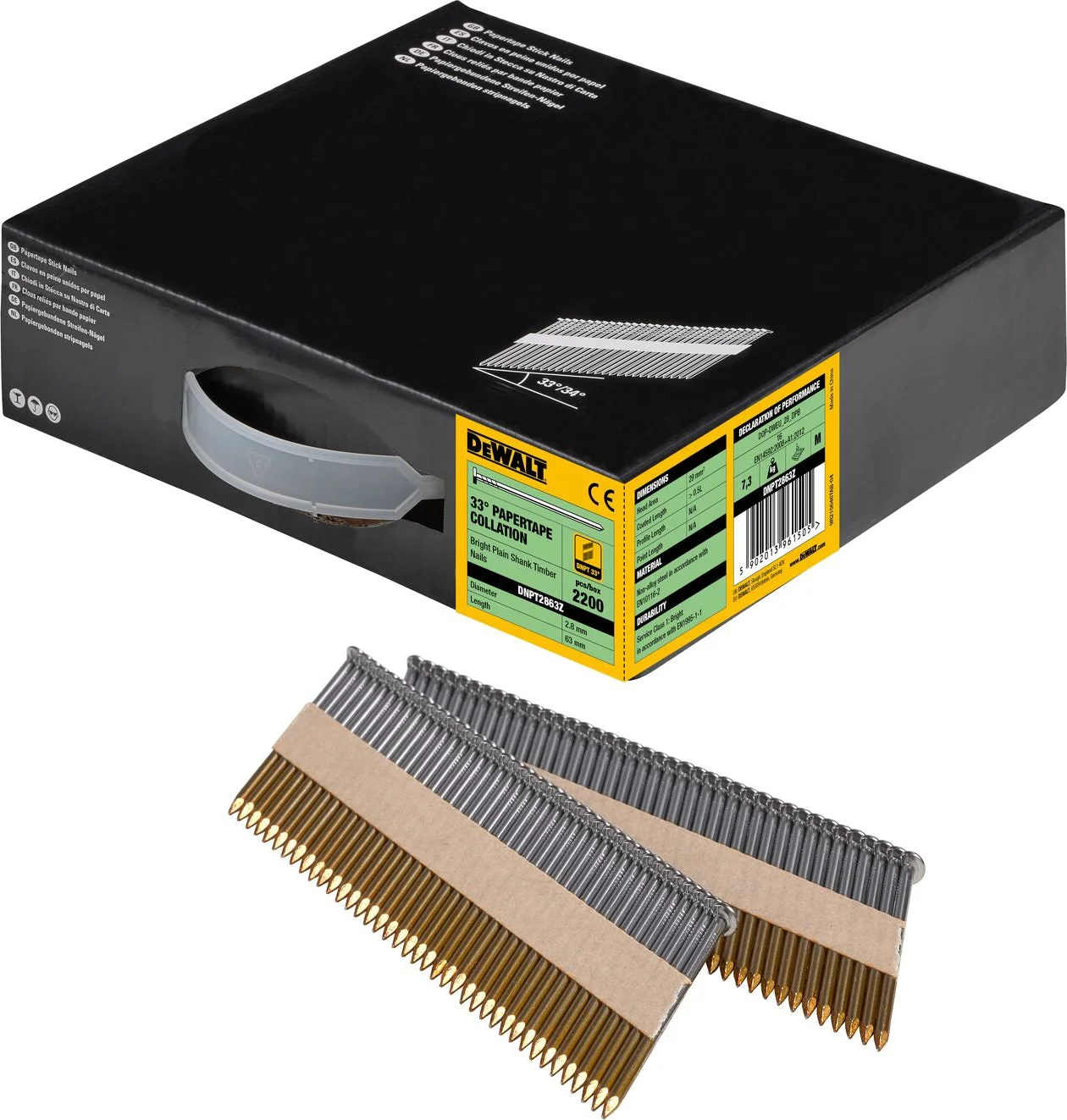 DeWALT DNPT2863Z 33º Papiergebonden Spijkers 2.8x63mm Helder / Recht VE=2200