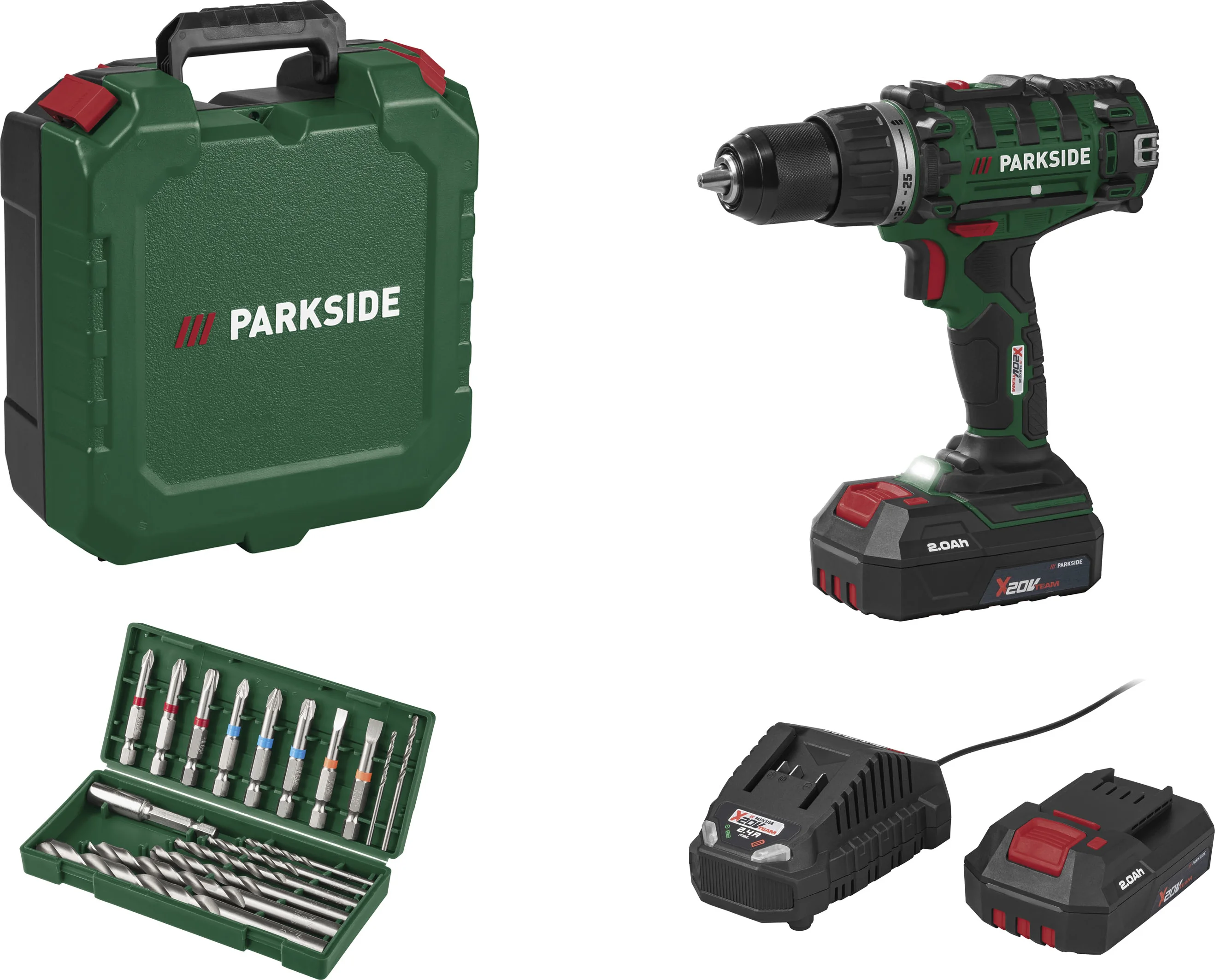 PARKSIDE Accu-schroefboormachine set 20 V 45 Nm, met accu 2 Ah en lader 2,4 A, incl. 17-delige accessoireset