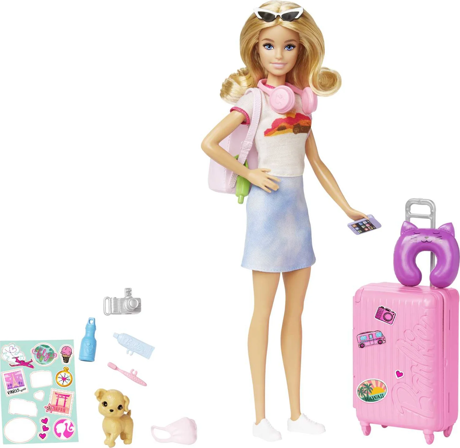 Barbie op reis - Barbiepop met roze koffer en reisaccessoires
