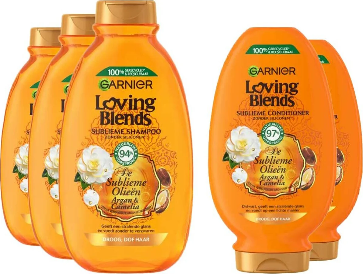 Garnier Loving Blends Argan en Cameliaolie - Shampoo 3x 300 ml & Conditioner 2x 250 ml – Pakket