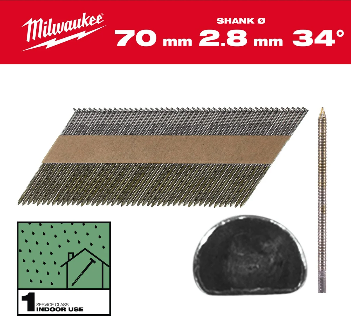 Milwaukee Nagels D-kop 34° 70mm | Ring Schacht | Blank | VE=2200 - 4932492601