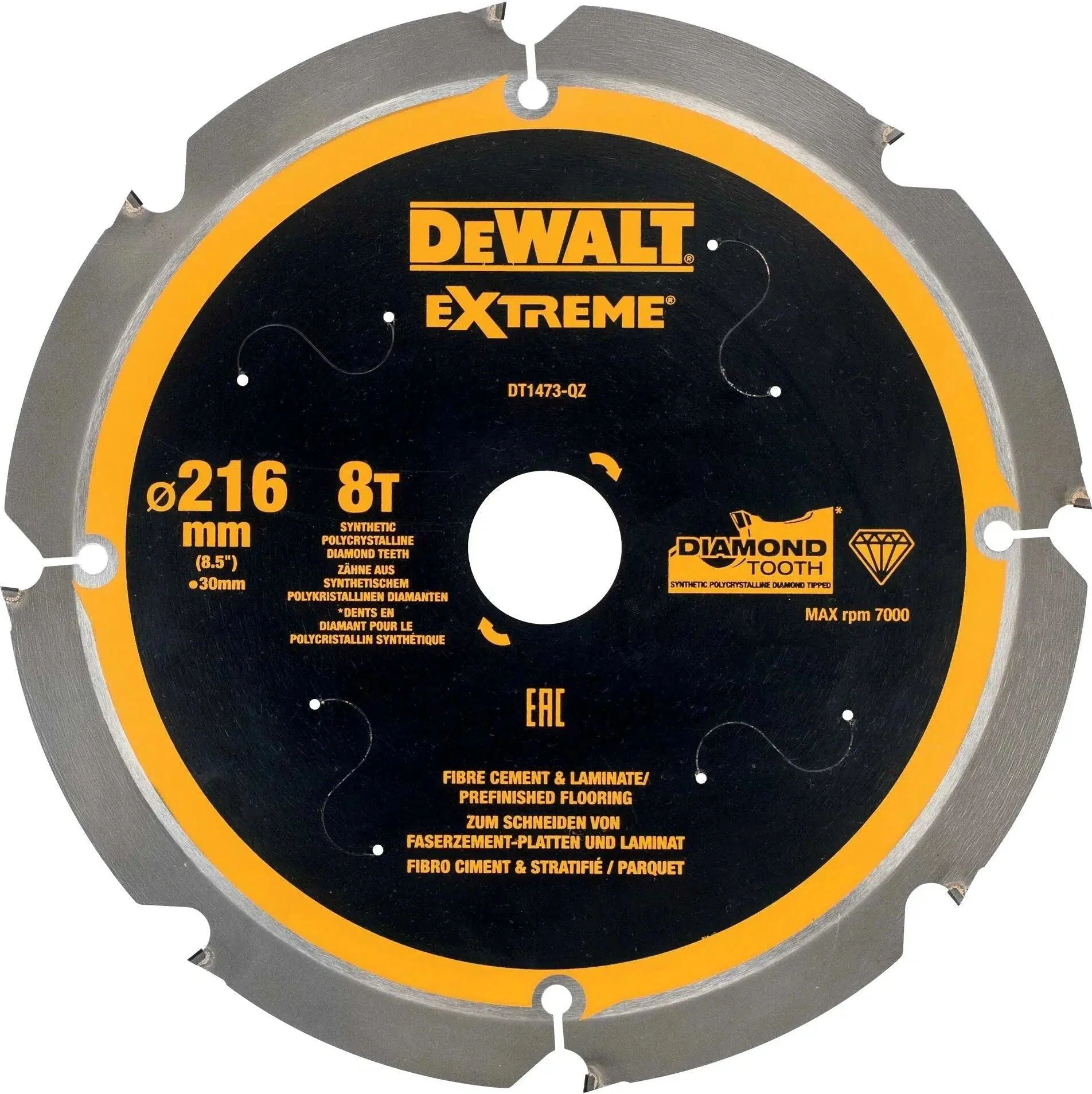 DeWALT Cirkelzaagblad voor Cementplaten | Extreme | Ø 216mm Asgat 30mm 8T - DT1473-QZ