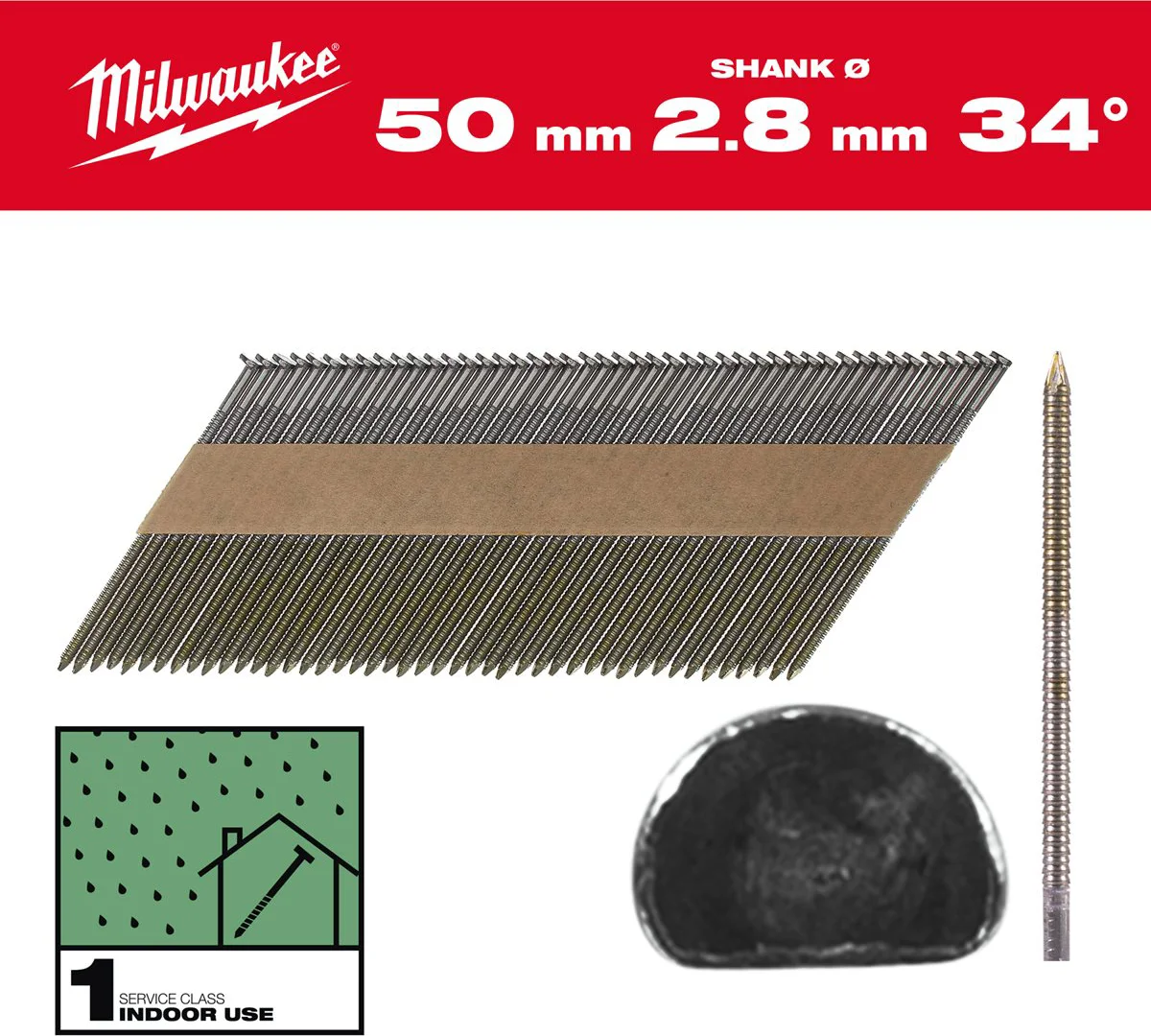 Milwaukee Nagels D-kop 34° 50mm | Ring Schacht | Blank | VE=2200 - 4932492599