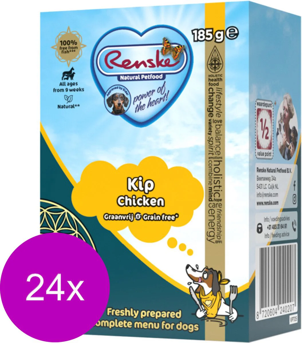24x Renske Vers Graanvrij Tetra Hondenvoer Nat Kip 185 gr