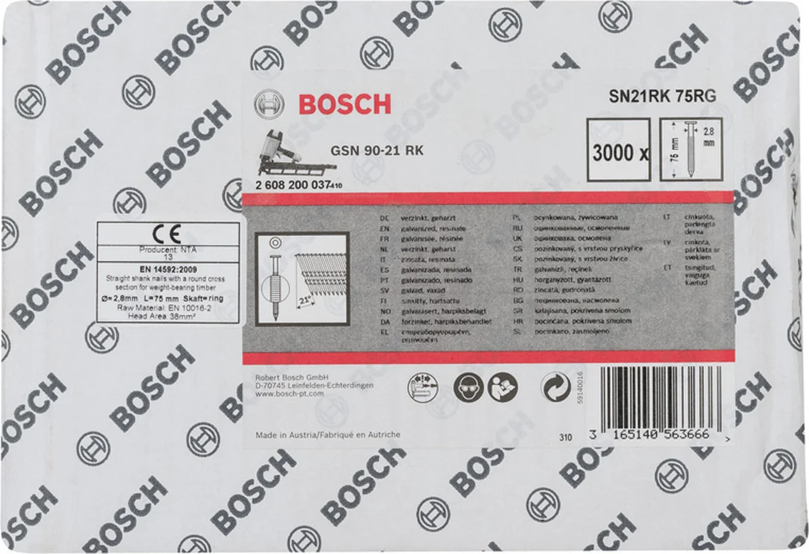 Bosch Professional PRO SN21FH Full-head nagel 75 mm | 21° | Geringd | Gegalvaniseerd | 2,8 x 7,0 | 3000 stuks - 2608200037