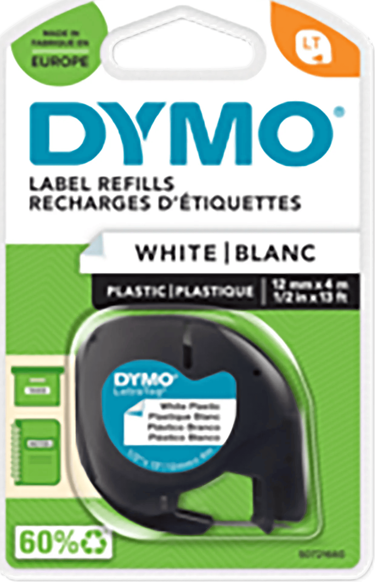 DYMO LetraTag 12mm x 4m Zwart Wit Labels