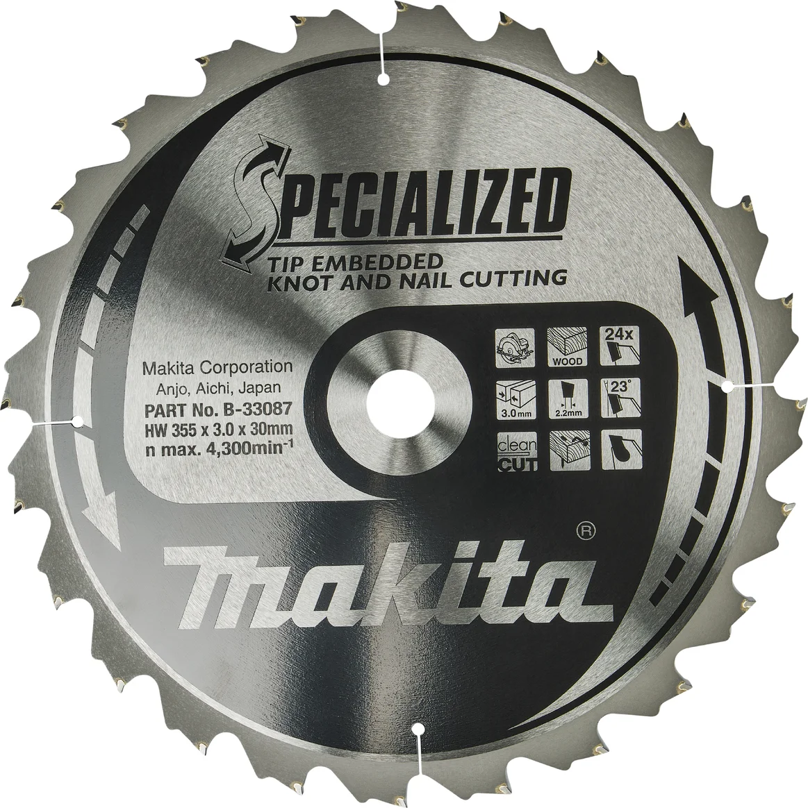 Makita B-33087 Cirkelzaagblad Hout (noest/spijker) | Embedded Tip | 355 x 30 mm | 24-tands