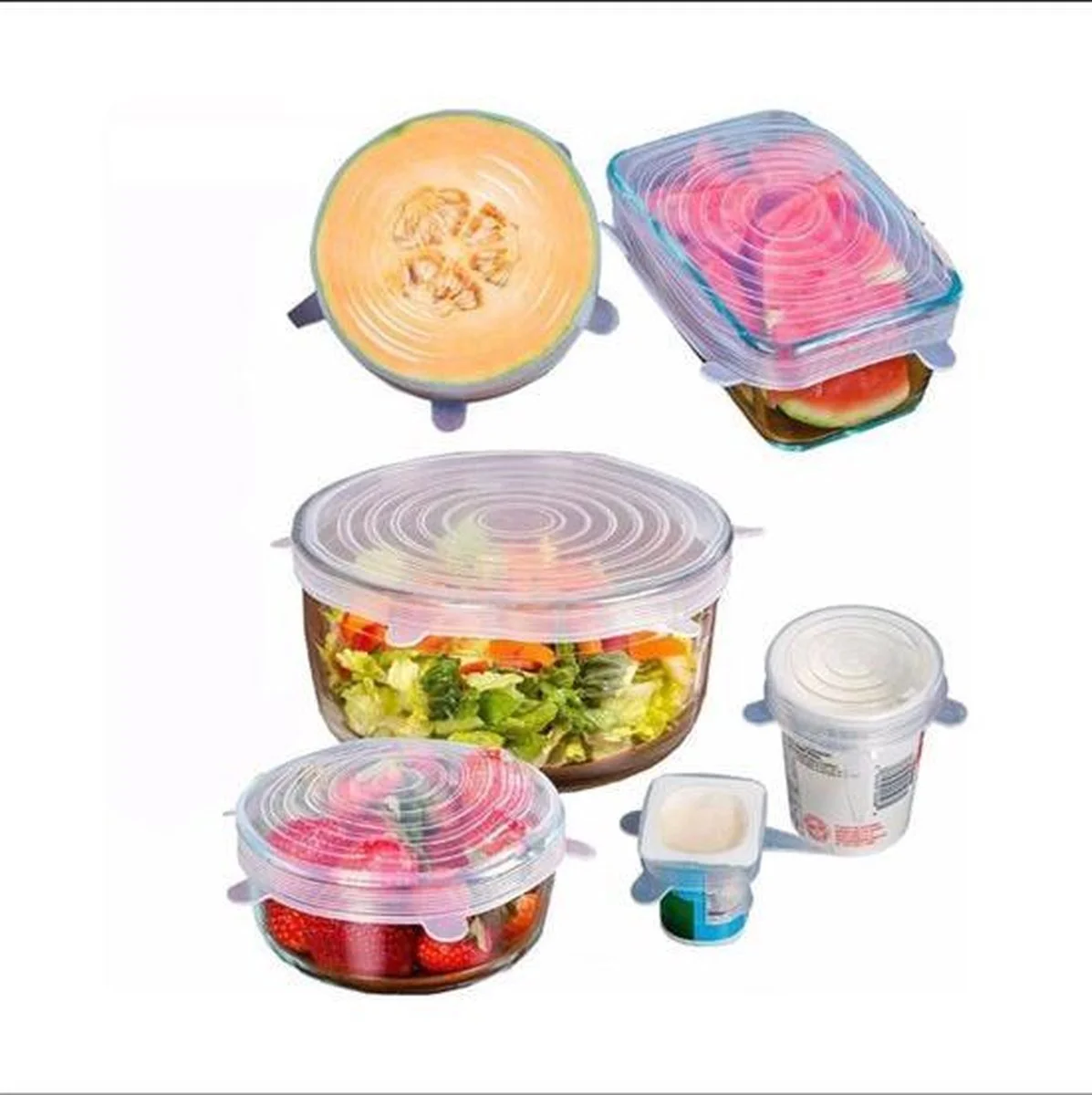 Siliconen vershoud deksels – set van 6 stuks – flexibel – herbruikbaar – wit - stretch tot wel 30 cm