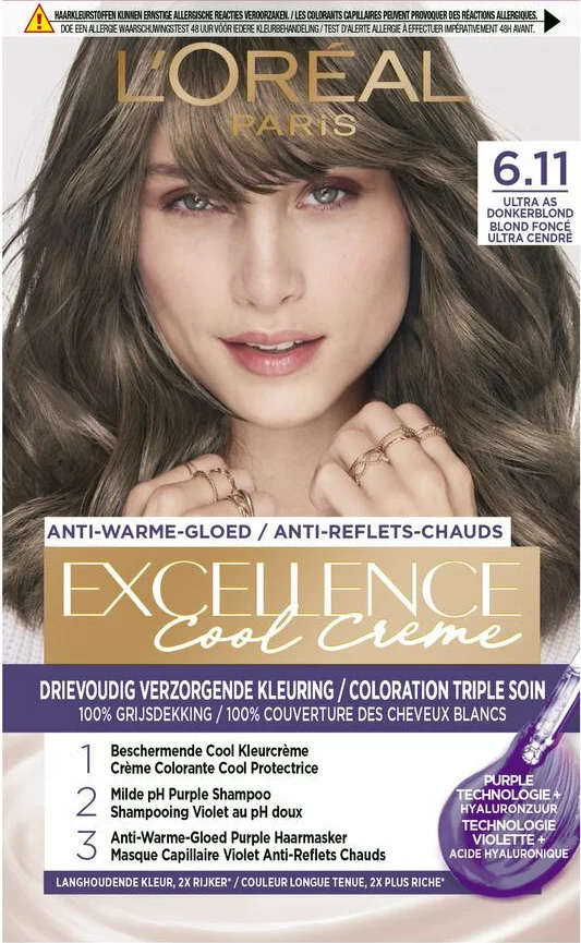 3x L'Oréal Excellence Cool Crème Permanente Crèmekleuring 6.11 - Ultra As Donkerblond