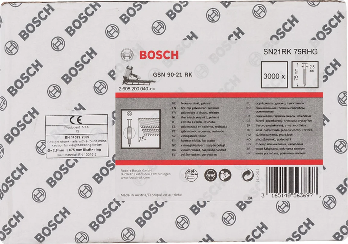 Bosch Professional PRO SN21FH Full-head nagel 75 mm | 21° | Geringd | Heavy Duty Gegalvaniseerd | 2,8 x 7,0 | 3000 stuks - 2608200040
